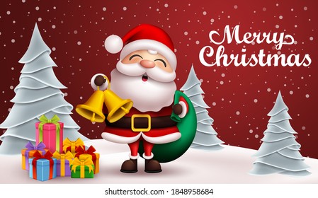 Christmas santa claus vector background design. Merry christmas text with santa claus character holding xmas elements like bells and gift sack for holiday season celebration card. Vector illustration.