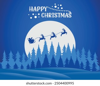Christmas santa claus vector beautiful artwork, santa ride in sky    illustration, winter landscape with trees forest and snowing. Happy new year celebration.