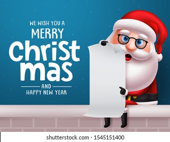 Fondo de diseño del personaje vectorial de navidad santa claus. Santa claus sentado y sosteniendo un blanco de Navidad vacío deseaba un documento con alegres textos de bienvenida de Navidad con fondo azul.