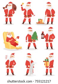 Christmas Santa Claus vector character poses illustration Xmas man in red traditional costume and Santa hat. Merry Christmas cut funny man Santa Claus traditional december holiday present decoration.