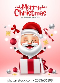 Christmas santa claus vector design. Merry christmas text with santa claus 3d character throwing xmas decoration in box for cute holiday season celebration background. Vector illustration.
