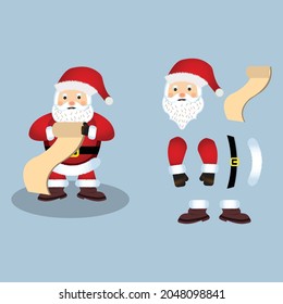 Navidad diseño vectorial de Santa Claus en un oxidado fondo azul claro. Papá Noel diseña elementos con una larga lista de regalos de Navidad. Diseño de elementos planos Happy Santa Clause.