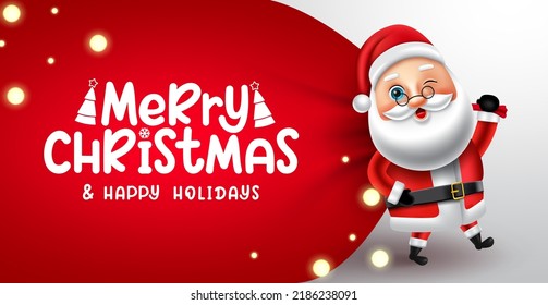 Christmas santa claus vector design. Merry christmas greeting text with santa claus character pulling red sack for xmas holiday season. Vector illustration. 
