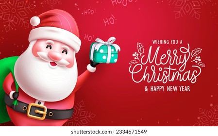Christmas santa claus vector design. Merry christmas and happy new year text with santa claus character for gift giving background. Vector illustration season greeting card.