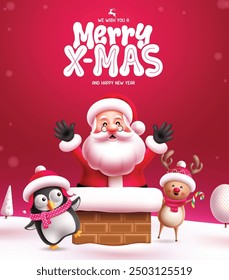 Christmas santa claus vector design. Merry xmas greeting text with santa claus in chimney roof top, waving penguin and cute reindeer characters in snow winter background. Vector illustration holiday 