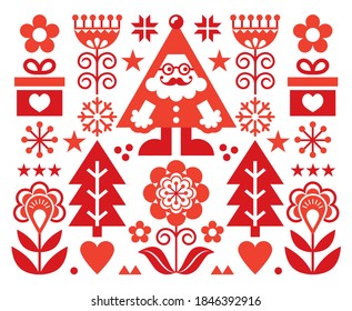 Christmas Santa Claus vector greeting card design, Scandinavian folk art style festive background in red on white. Traditional Nordic Xmas merry pattern with Santa, hearts, flowers and snowflakes
