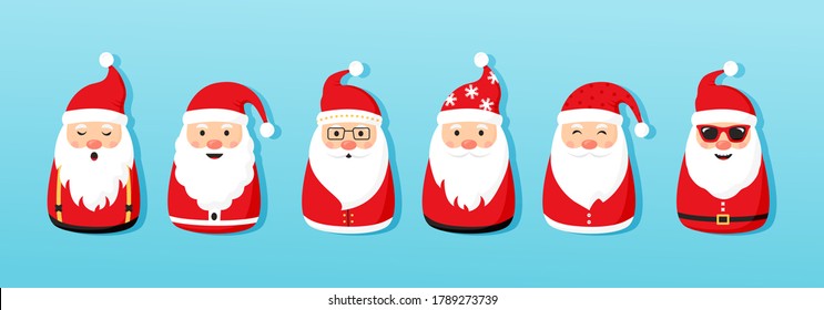 Christmas Santa Claus vector icons, cartoon character, red Santa hat, New year cute collection, holiday winter illustration on blue background