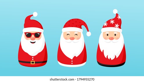 Christmas Santa Claus vector icons, cartoon character, red Santa hat, New year cute collection, holiday winter illustration on blue background