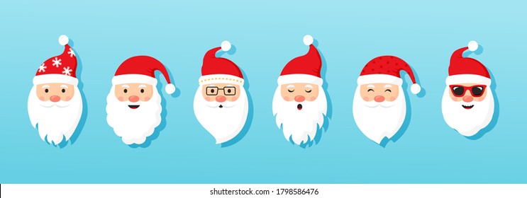 Christmas Santa Claus vector icons, cartoon head character, red Santa hat, New year cute collection, holiday winter illustration on blue background