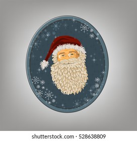 Christmas Santa Claus. Vintage santa claus face in the oval window with snowflakes