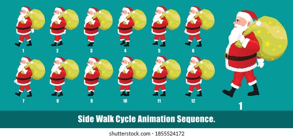 Christmas Santa Claus Walk Cycle Animation with gift sack, Loopable Walk cycle animation of Christmas Santa Claus, Santa Claus Walking With gifts animation sequence for animation