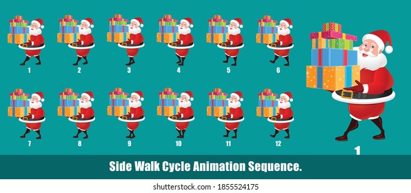 Christmas Santa Claus Walk Cycle Animation with gift sack, Loopable Walk cycle animation of Christmas Santa Claus, Santa Claus Walking With gifts animation sequence for animation