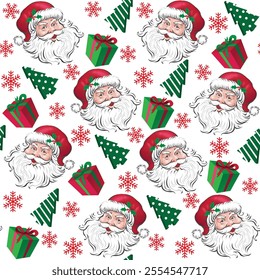 Christmas Santa Clause Fun Vintage Seamless Pattern with Snowflakes, Christmas Tree, Snowflakes and Christmas Gift, White Background -Christmas Vector Illustration