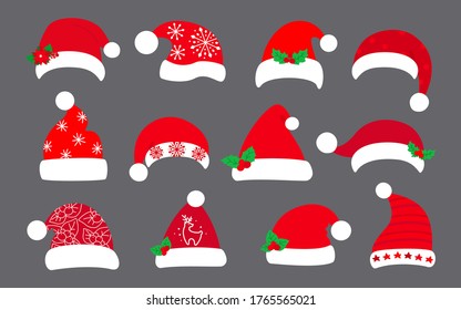 Christmas Santa Clause hat flat set. Xmas Santa red hats, decorated holly, patterns. New Year cartoon holiday cute traditional caps. Festive design collection. Isolated on dark vector illustration