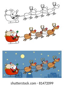 Christmas Santa Clause Sleigh With Reindeer .Vector Collection