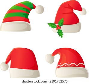 Christmas santa costume hat set in cartoon style.