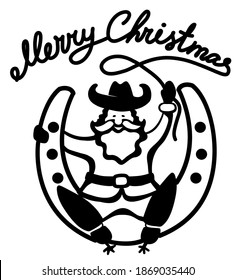 Christmas Santa in cowboy shoes sit on lucky horseshoe with lasso text. Vector printable black graphic illustration isolated on white