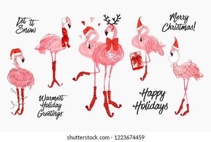 Christmas Santa and deer flamingo with santa hat, scarf, holidays greetings sign. Merry Christmas and Happy tropical new year elements set. Vector watercolor decoration on white backdrop. 