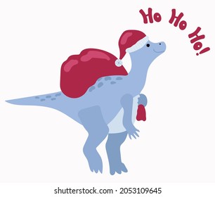 Christmas Santa dinosaur. Hand-drawn style. White background, isolate. Vector illustration.