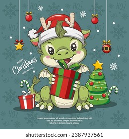 Christmas Santa Dragon With Give Box. Cute Cartoon Illustration