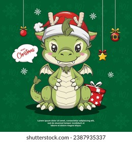 Christmas Santa Dragon On Green Background. Cute Cartoon Illustration