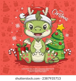 Christmas Santa Dragon On Red Background. Cute Cartoon Illustration