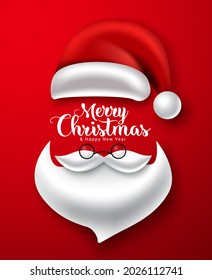 Christmas santa element vector design. Merry christmas text with santa claus hat, beard, mustache and glasses element in red background for creative holiday greeting card. Vector illustration