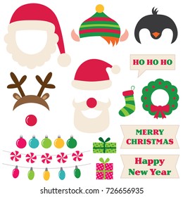 Christmas Santa, elf, deer and penguin vector photo booth props 