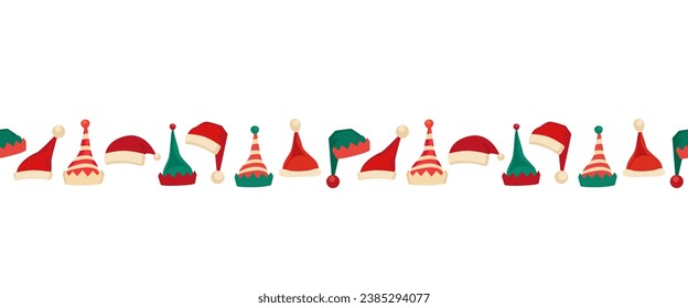 Christmas Santa, Elf hats fancy seamless border vector pattern. Cute Santa, Elves caps cartoon design element. Christmas symbol set isolated. Holiday fest banner background, card, flyer frame template