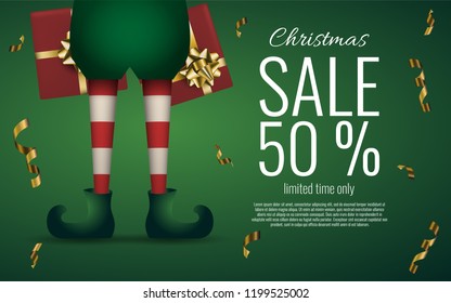 Christmas Santa Elf's Legs On Green Background. Sale Banner Or Flyer. Stock Vector