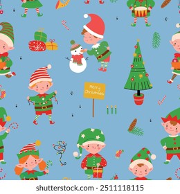 Christmas santa elves seamless pattern. Xmas seasonal party, winter holidays fairy tale characters. Decorative fabric wrapping print design, vector background