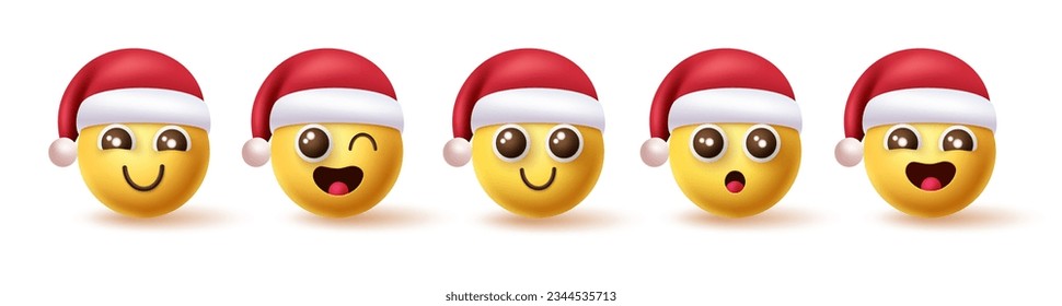 Los personajes navideños santa emoticones establecen el diseño vectorial. Santa claus emojis y caracter sonriente en una expresión facial linda, feliz, sonriente y divertida. Ilustración vectorial de la colección de emoticonos sonrientes. 
