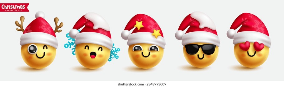 Christmas santa emojis characters vector set design. Christmas emojis and emoticon with santa hat elements decoration isolated white. Vector illustration yellow collection.
