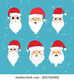 Christmas Santa faces element with cute eyes. Santa faces collection on a snow falling background. Christmas Santa Claus face sticker collection with beard, mustache, and winter hats.