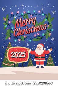 Christmas Santa with festive lights and trees. Santa Claus stands beside a sign with snowflakes on a blue background. Perfect for holiday greeting cards