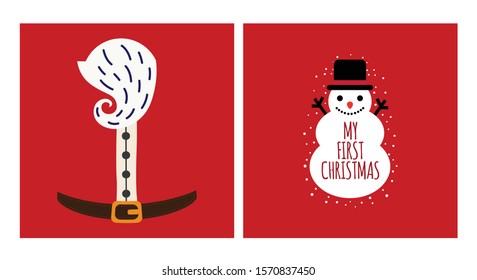 Christmas Santa form and My first Christmas Snowman tshirt print design. Holiday Calligraphy, isolated on white and red Vector illustration