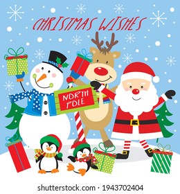Christmas santa and friends for greeting card, box or bag design