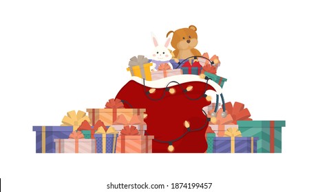 Christmas Santa gift bag full of gift boxes and gift bags. Big pile of colorful wrapped gift boxes. Vector.
