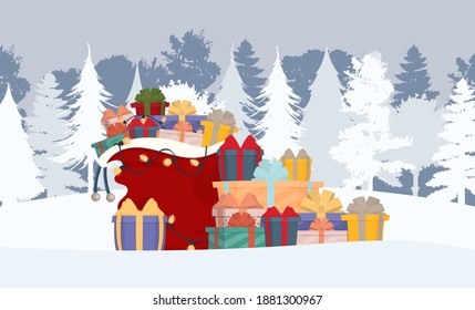 Christmas Santa gift bag full of gift boxes and gift bags. Beautiful present box with overwhelming bow. Vector.