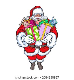 christmas Santa and gift boxes pop art comics style.