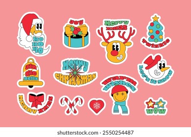 Christmas Santa, gift, Xmas tree, snowman, deer with slogans. New Year velcro set for decorating gifts or cards in style of 2000. Cartoon Y2K retro sticker collection on pink background