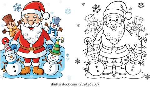 Christmas Santa with gifts, snowman and Christmas tree.