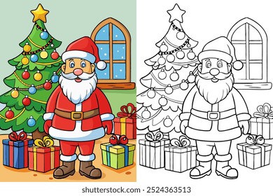 Christmas Santa with gifts, snowman and Christmas tree.