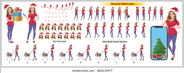 Christmas Santa Girl Character Design Model Sheet with walk cycle and run cycle animation.  Girl Character design of Front, side, back view and explainer animation poses. Character set with lip sync.