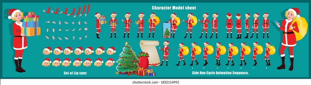 Christmas Santa Girl Character Design Model Sheet with walk cycle and run cycle animation.  Girl Character design of Front, side, back view and explainer animation poses. Character set with lip sync.