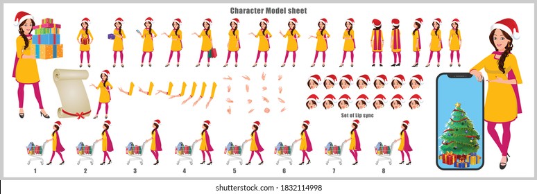 Christmas Santa Girl Character Design Model Sheet With Walk Cycle And Run Cycle Animation.  Girl Character Design Of Front, Side, Back View And Explainer Animation Poses. Character Set With Lip Sync.