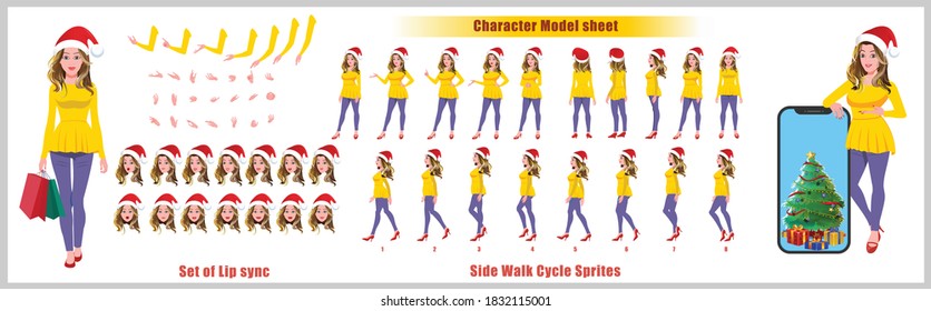 Christmas Santa Girl Character Design Model Sheet with walk cycle and run cycle animation.  Girl Character design of Front, side, back view and explainer animation poses. Character set with lip sync.