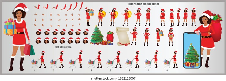 Christmas Santa Girl Character Design Model Sheet with walk cycle and run cycle animation.  Girl Character design of Front, side, back view and explainer animation poses. Character set with lip sync.