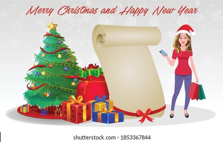 Christmas Santa Girl Character with Christmas Gifts, Christmas tree and explainer animation poses. Character set with poses, Girl with mobile showing online sale offer.