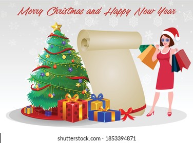 Christmas Santa Girl Character with Christmas Gifts, Christmas tree and explainer animation poses. Character set with poses, Girl with mobile showing online sale offer.